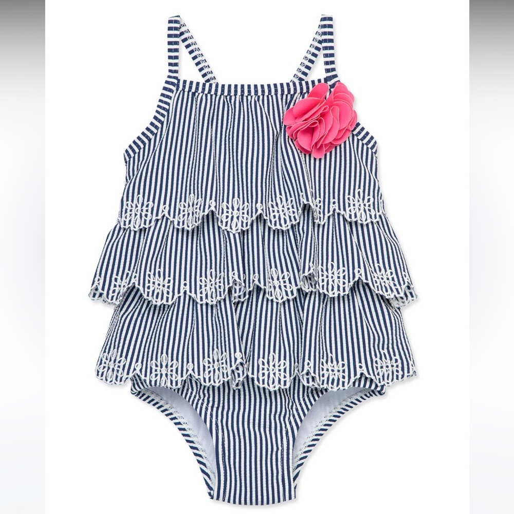 Little Me Navy and White Striped Bathing Suit
